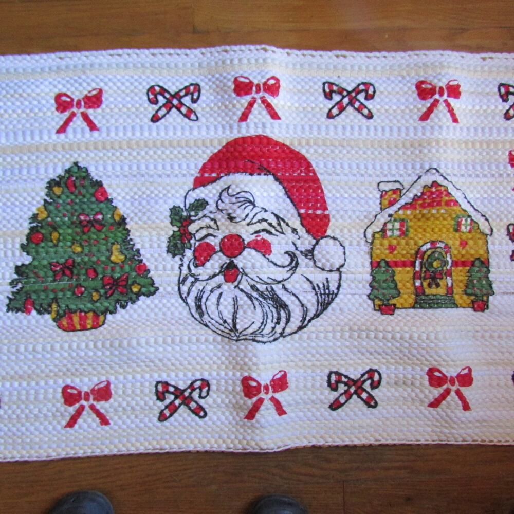 Christmas Rag Rug Screen Printed Santa Tree Cottage 24 x 45 USA New with Tag